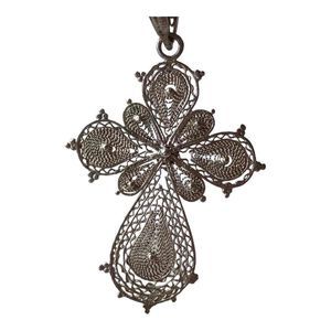 Sterling Silver Vintage 1930 Necklace Pendant Cross Antique Italian Filigree 1.8